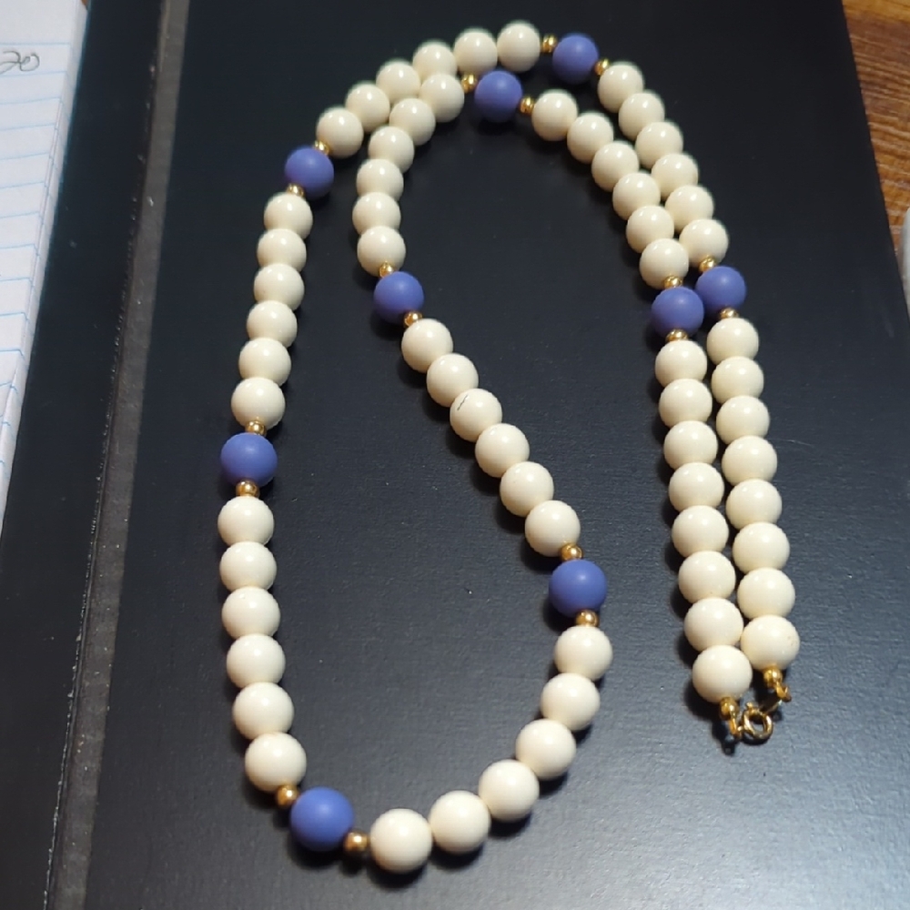 Trifari White and Blue Beaded Necklace